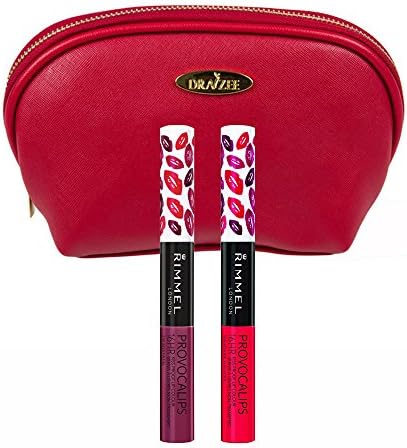 Rimmel ‘Provocalips’ Kissproof Lipstick Kit in Two Shades (0.14 Oz Each), Kiss Me You Fool and Kiss Fatal with Deep Red Draizee Leather Cosmetic Bag