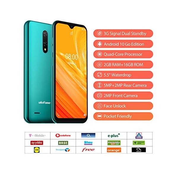 Ulefone-2020-Note-8-Mobile-Phone-SIM-Free-Unlocked-Android-10-GO-2GB-RAM-16GB-ROM-128GB-Extension-Three-Card-Slots-55-Inch-Dewdrop-Screen-Face-ID-GPS-Bluetooth-SOS-Midnight-Green Ulefone Note 8, Mobile Phone SIM Free Unlocked, Android 10, 2GB RAM 16GB ROM 128GB Extension, Three Card Slots 5.5 Inch…