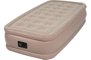 TXZ outdoor Twin Size Air Mattress with Built-in Pump for Inflatable-Portable Blow Up Mattresses with Flocked top-18inch Double Foldable Air Bed for Camping/Home/Backpacking (Khaki)