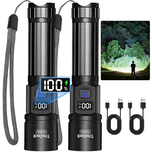 LED Rechargeable Torch Pack of 2, USB-C, Zoom, IPX6, LCD Display, 5 Modes | Extremely bright, 5 modes and zoomable, tactical with LCD display, waterproof, for camping, outdoor, survival, emergency