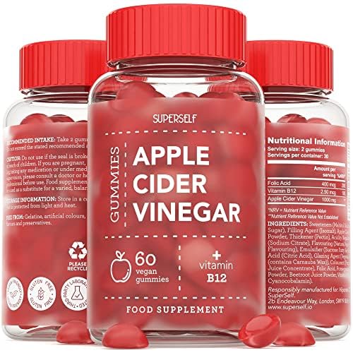 Apple Cider Vinegar Gummies 1000mg - High Strength Enhanced with Vitamin B12, Folic Acid & Natural Juices - 500mg per Apple Cider Vinegar Gummy - 60 Vegan ACV Gummies That Work Fast