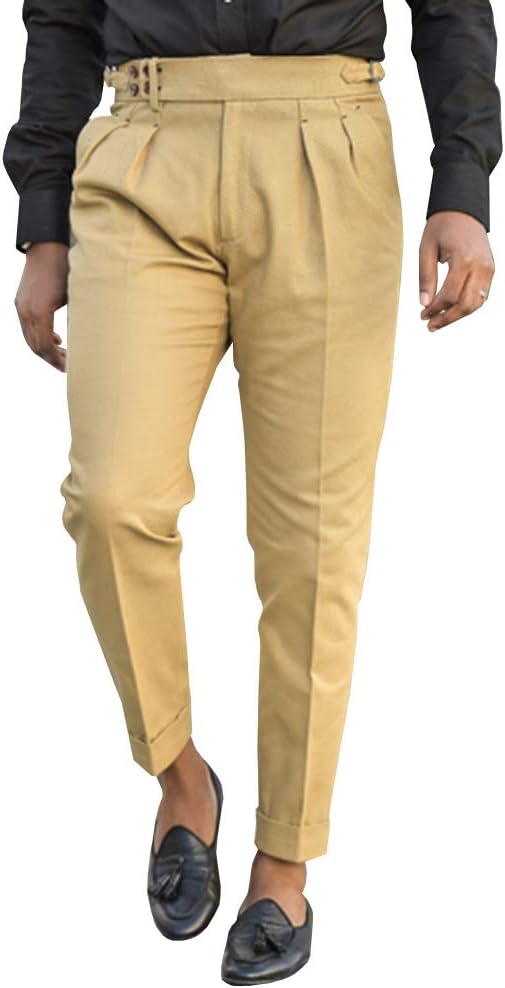 Bbalizko Mens Casual Gurkha Pants Buckle Button Waist Pleated Tapered Cotton Trousers