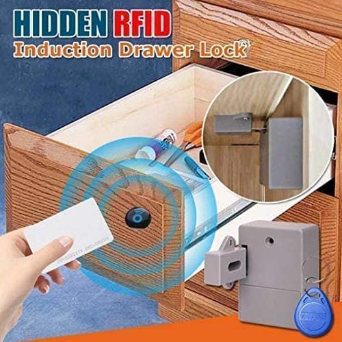 CHJGLNL Electronic Cabinet Lock Kit Set Hidden DIY Lock for Wooden Cabinet Induction RFID DIY Hidden Safety Drawer Locker RFID Card/Tag Entry (Gray)