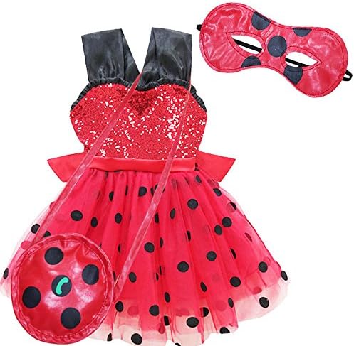 FSBBUT TM Girls Miraculous Ladybug Dress Costume Mask Bag Party Dress up Play Accessories (9T, Dress+Mask+Bag)