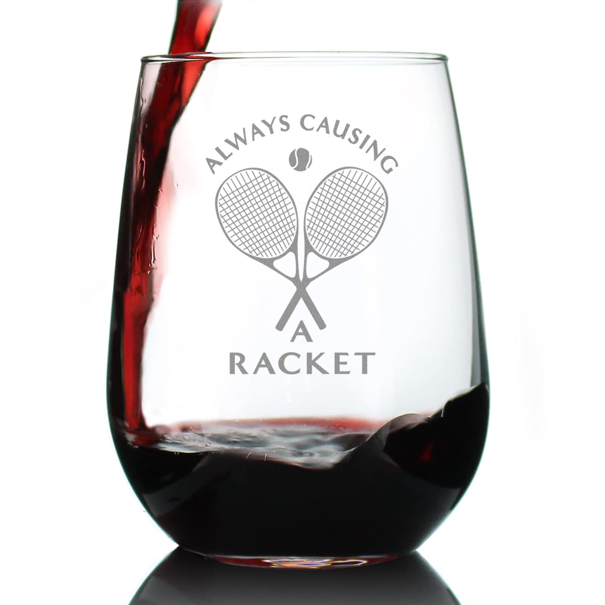 Photo 1 of Causing A Racket - Stemless Wine Glass - Funny Tennis Themed Decor and Gifts - Large 17 Oz Glasses