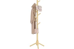 Sywhitta Coat Rack Stand, Wooden Freestanding Coat Rack with 8 Hooks, Easy Installation Clothes Hanger Stand for Clothes,Skirts,Used in Entryway,Hallway, Bedroom, Natural color