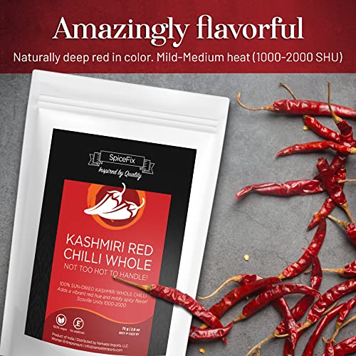 SpiceFix Whole Kashmiri Red Chilli Pepper, Mild to Medium Heat