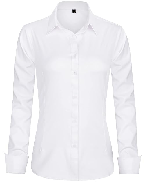 J.VER Womens Dress Shirts Long Sleeve Button Down Shirt Wrinkle-Free Business Casual Blouse Office Work Tops White Small