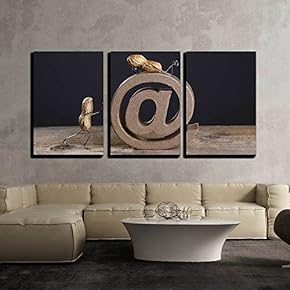 3 Piece Canvas Wall Art - Peanut People Pushing a Large at Sign as a Symbol for The Internet and Email - Modern Home Art Stretched and Framed Ready to Hang - 16"x24"x3 Panels