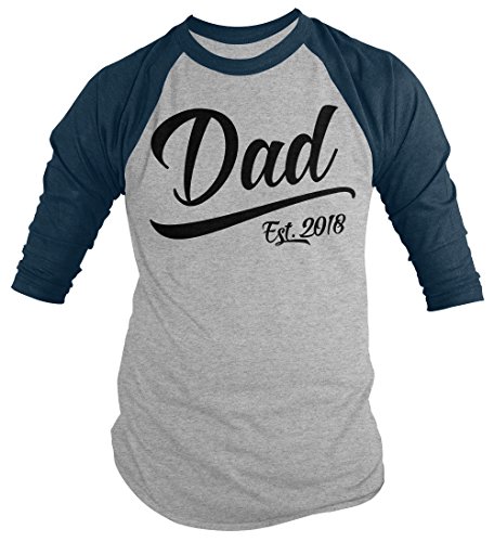 Shirts By Sarah Men's Dad Est. 2018 Shirt Fathers Day 3/4 Sleeve Raglan Baseball Shirts (Navy/Gray Large)