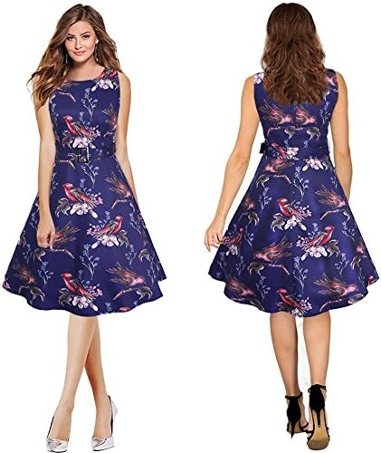 LaceLady Adurey Hepburn 50s Vintage Dress Polka Dot Floral Knee Length Swing Dresses with Belt