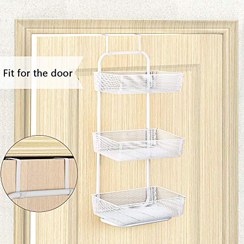 Over the Door Basket Organizer 3 Tier Hanging Storage Basket Organizer Rack with 2 Hooks and 3 Basket for Kitchen Bathroom Pantry, White