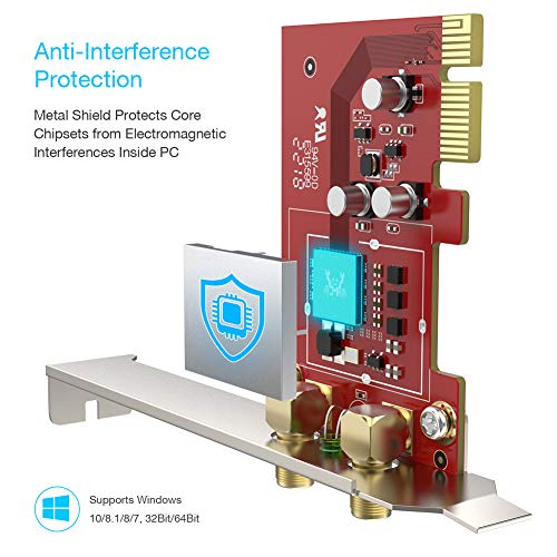 BrosTrend 1200Mbps PCIe WiFi Network Card for Desktop PC of Windows 10/8.1/8/7, 2 X 5dBi Antennas and Magnetic Extension Base, AC1200 Dual Band 5GHz 867Mbps / 2.4GHz 300Mbps, PCI Express