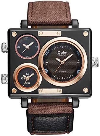 Men's Collection Black Rectangle Watches Three Quartz Time Zones Military Canvas Fabric and Leather Band + Box