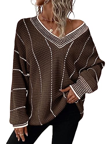 Dokotoo Women's Chunky Knit V-Neck Sweater - Hollow Out Crochet Pullover, Loose Fit For Fall/Winter