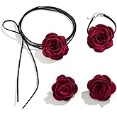 OIDIMS Rose Flower Jewelry Set for Women Classic Velvet Camellia Satin Flowers Choker Necklace Sexy Charms Floral Earring Bracelet for Party Bride Wedding Party Summer Holiday Necklaces