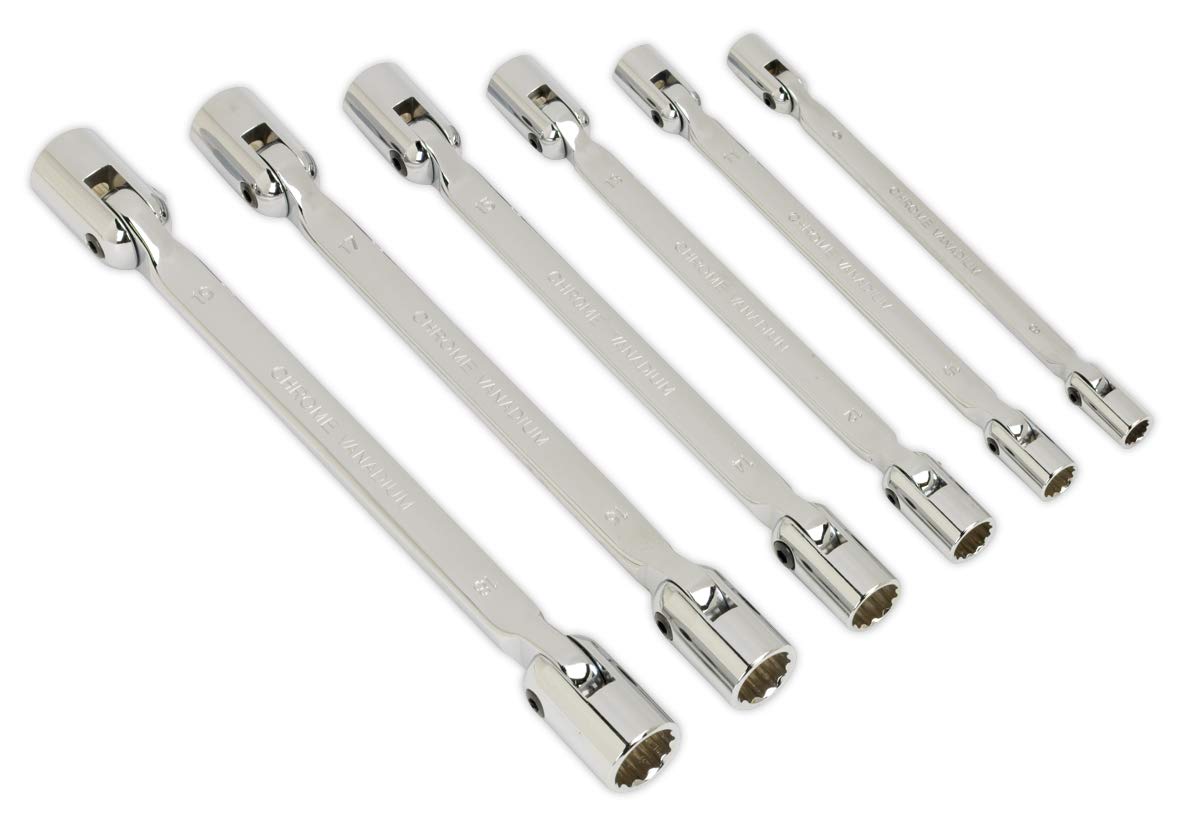 Sealey Ak635 Double Flexi-Head Socket Spanner Set 6Pc Fully Polished Metric