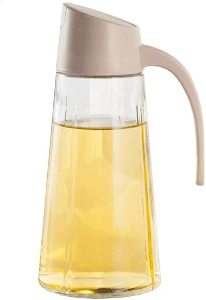 Drizom Non-Drip Glass Oil & Vinegar Container And Dispenser Bottle With Automatic Cap, Leakproof, Automatic Stopper, Precise-Pour Spout, And Non-Slip Handle，17oz (Apricot)