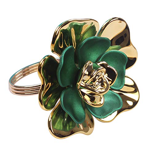 QTKJ Set of 6 Alloy Napkin Rings with Green Flower Napkin Buckle for Christmas, Holidays, Wedding, Parties, Dinners Decor(Gold)
