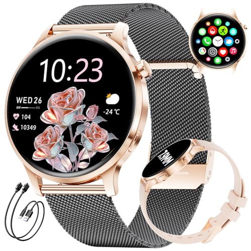 FV23-G Women's Smartwatch, AMOLED Display 1.32 Inches Ultra-Thin Bluetooth Calls, IP68 Waterproof, 116 Sport Modes, Monitoring of Cycle/Heart Rate and Sleep, 2 Straps and 2 Cables Included
