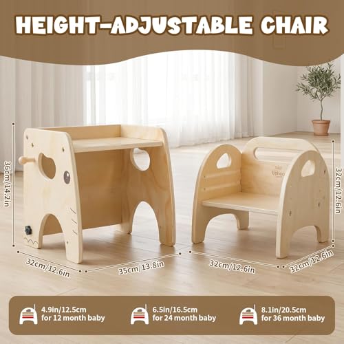 Lehoo Castle Toddler Table and Chair Set for 1-3 Years Boys Girls | 3-Level Adjustable Chair, Wooden Kid Desk with Shelf & Hook, Montessori Weaning Eating Playing Table, Easy Assemble, Elephant