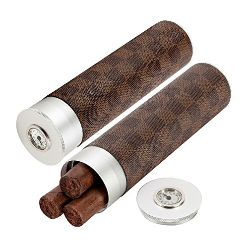 Scotte PU leather cigar canister with hygrometer cigar tube travel cigar box for 3 cigar