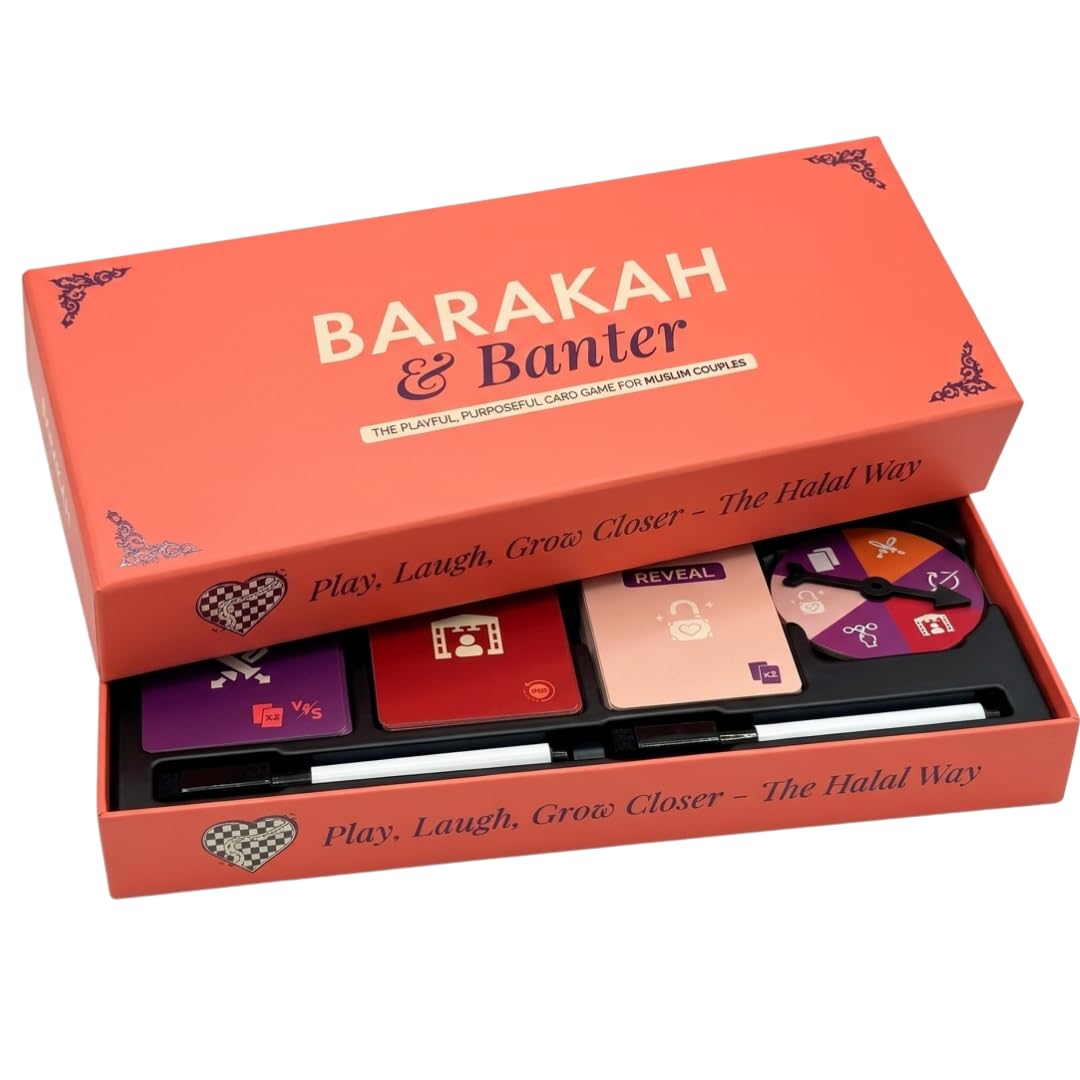 Barakah & Banter – Couple Card Game for Muslims | 180 Cards: Compete, Perform and Reveal prompts with Spinner | Halal Muslim Marriage Game | Nikah Eid Wedding Gift