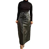 Shiyinvie Women Button Down Front Slit Faux PU Leather Maxi Long Skirt with Belt