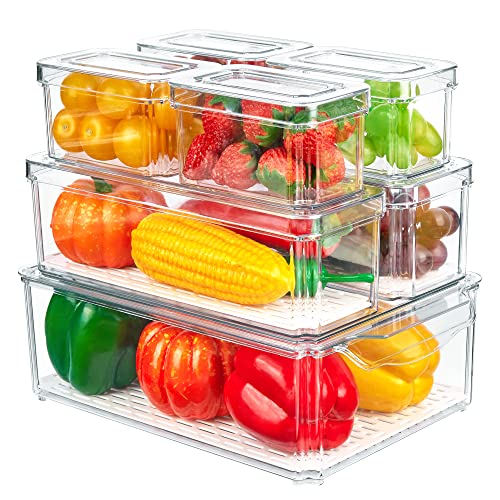 Vtopmart Set of 7 Fridge Organizer, Stackable Fruit Storage Containers for Fridge with lids, BPA-Free Refrigerator Organizer Bins with Drain Tray for Vegetables, Fruits, Food, Drinks