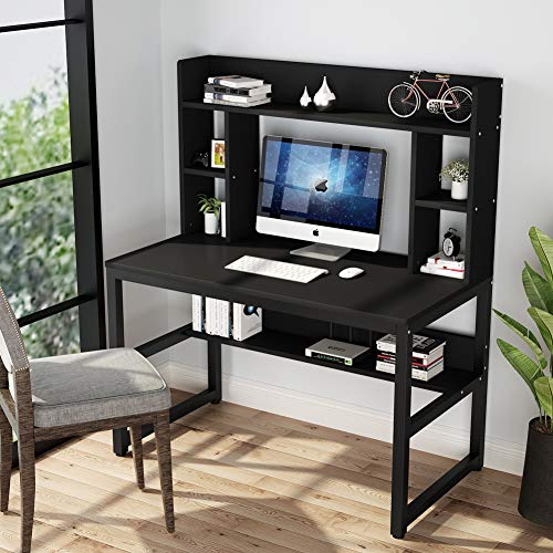 Tribesigns Computer Desk with Hutch, 47 Inches Modern Writing Desk with Storage Shelves, Compact Office Desk Study Table Workstation for Home Office, Black + Black Legs