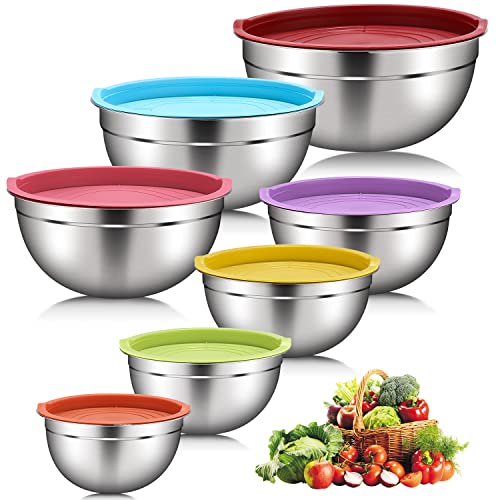 Daiweier Aggiornato Ciotola in Acciaio Inox Set di 7,Ciotole di Frutta Tazze di Miscelazione con Coperchi, Colorato Impilabile per La Conservazione Minima, Utensili da Cucina Essenziali