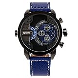 OULM Men's Blue Military Quartz Wrist Watch Leather Strap Sub Dial 2 Time Zone Rotate Time Water Resistant Japan Quartz + Box