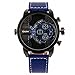OULM Men's Blue Military Quartz Wrist Watch Leather Strap Sub Dial 2 Time Zone Rotate Time Water Resistant Japan Quartz + Box