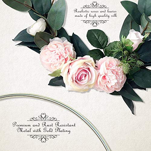 Adeeing Hoop Wreath, 15 Inch Artificial Rose Flower and Vine Wreath Garland Hanging Pendant for Wall Decor Wedding Backdrop (Pink)