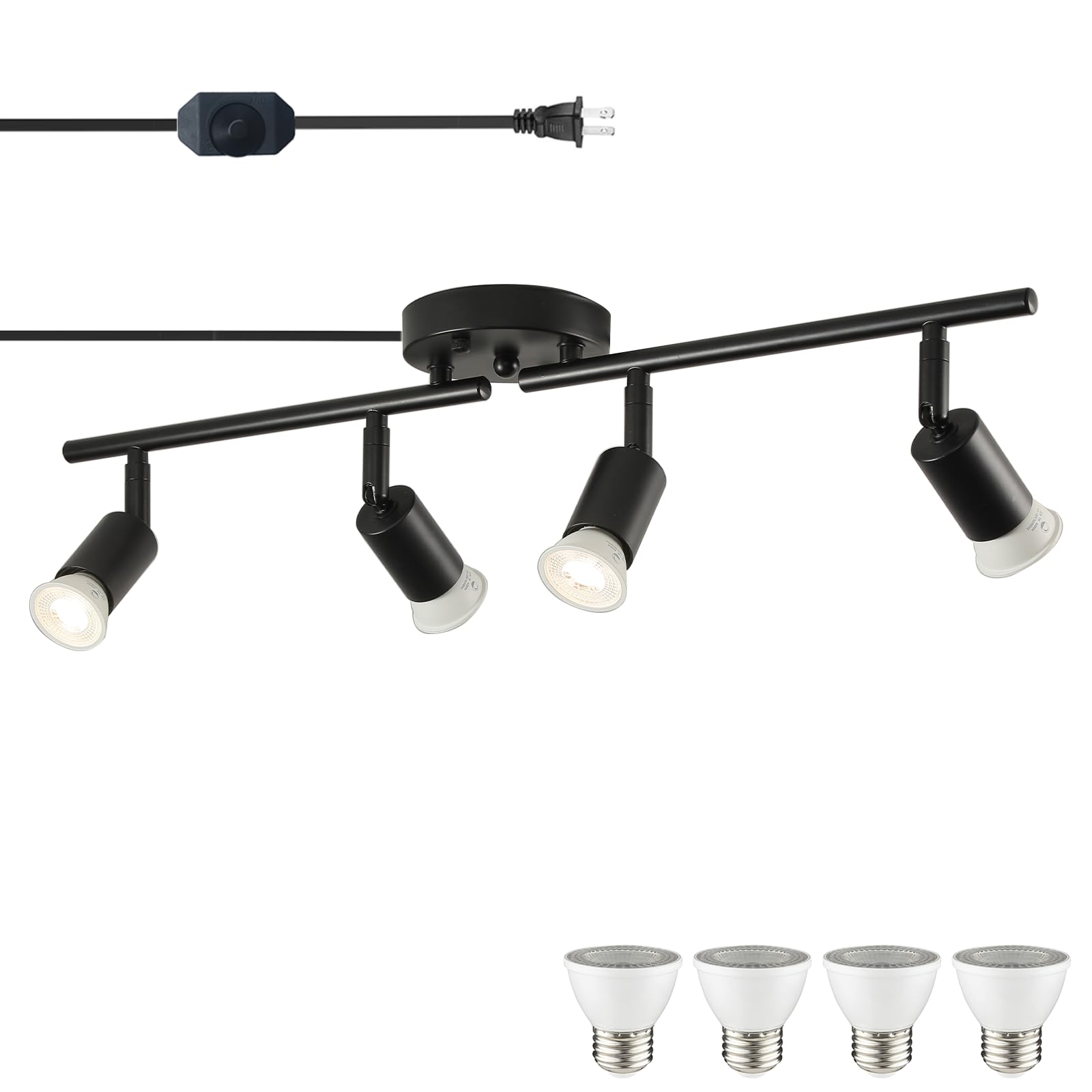 Photo 1 of vivihobb Dimmable Plug in Track Light Black 4 Light Plug in Ceiling Lighting Fixture with 16.4' Long Cord,4 Way Ceiling Spotlight, Rotatable Wall Mount Light Head, LED dimmable Spot Bulbs Included