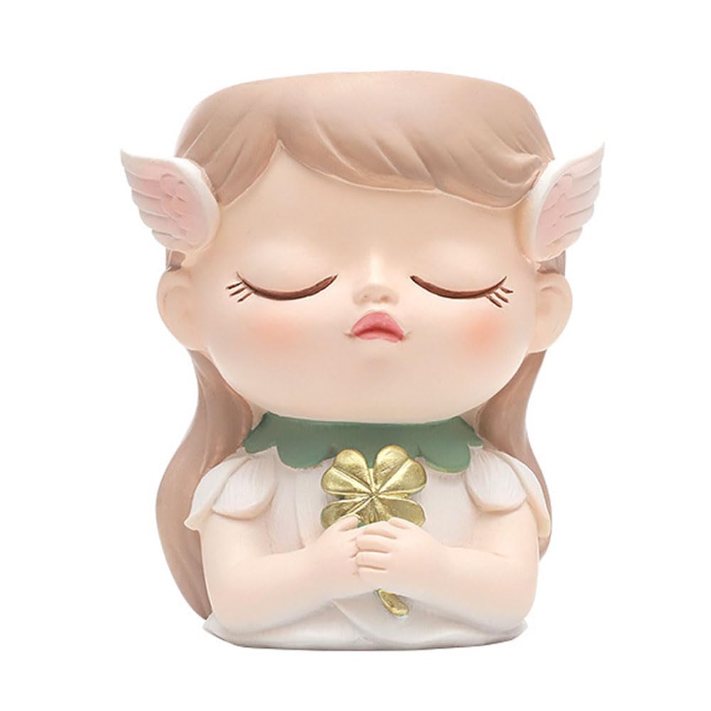 Hosoncovy Cartoon Elf Girl Succulent Plants Plant Pot Small Plant Vase Resin Planter Desk Plant Pot Home Ornament (D)