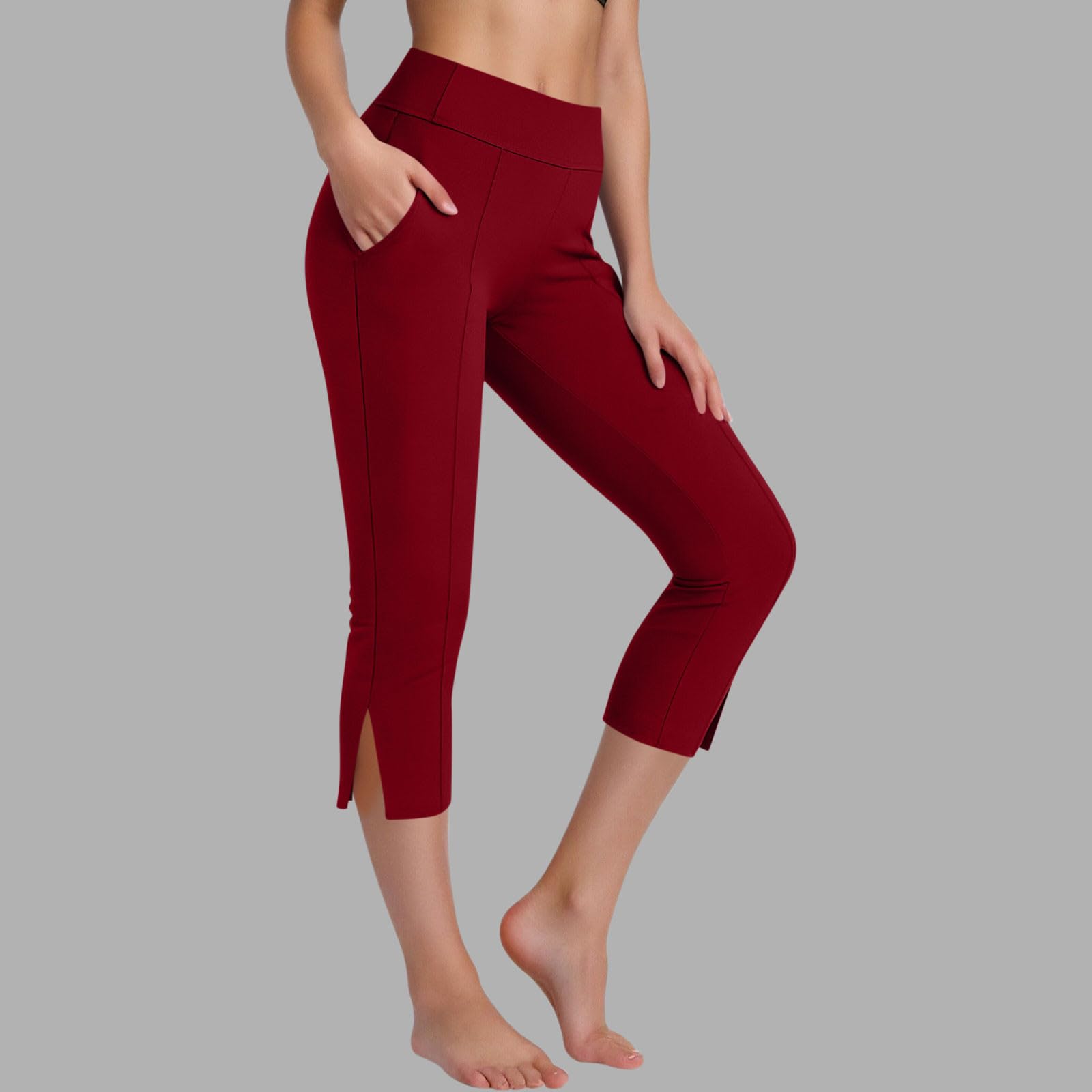 Ladies Cropped Trousers Yoga Pants for Women UK Petite Comfy Summer Three Quarter Length Trousers Stretchy Waist Straight Leg Lounge Yoga Beach Capris Pants with Pockets Cropped Trousers for Workout