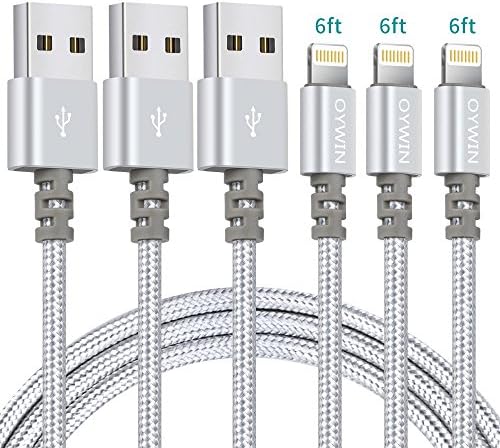 Lightning Cable, OYWIN 3PACK (6FT) Nylon Braided Charging Cable Cord Lightning to USB Cable Charger Compatible with iPhone X/8/7/6s/6/Plus/5SE/5s/5c/5, iPad, iPod, and More (Silver)