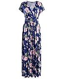 OUGES Women's V-Neck Pattern Pocket Maxi Long Dress(Floral-03,L)