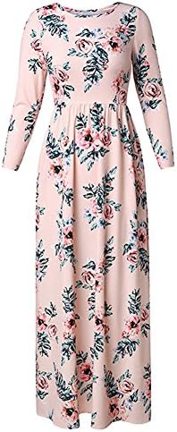 Kaoccy Women's Fashion Floral Long Dress 3/4 Sleeves Floor-length Maxi Pink XXL