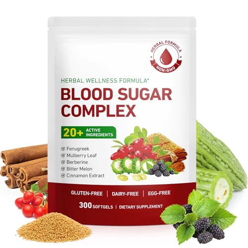 Blood Sugar Complex Supplement | 20+ Active Herbs-Berberine/Cinnamon/Bitter Melon/Mulberry Leaf/Fenugreek/Vitamins for Immune/Metabolism/Balance/Energy, Blood Sugar Level Support | 300 Softgels