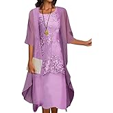 Women's Summer Flowy Dresses with Jacket 3/4 Sleeve Chiffon Cocktail Wedding Guest Dress 2 Piece Set
