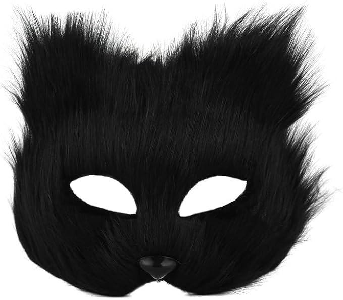 JNGUOSICN Faux Fur Mask Cat Mask Halloween Furry Plush Half Face Mask Elegant Cosplay Animal Fancy Dress Eye Mask Cat Veil Makeup Prop for Christmas Carnival Party Costume Accessory Unisex