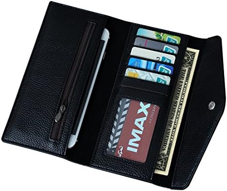 Women Leather Trifold Wallet Clutch Large Capacity Long Purse for Women (Black)