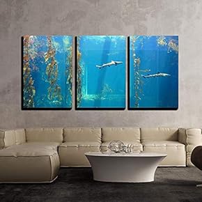3 Piece Canvas Wall Art - Small Shark in The Ocean with Amazing Light Ray - Modern Home Art Stretched and Framed Ready to Hang - 16"x24"x3 Panels