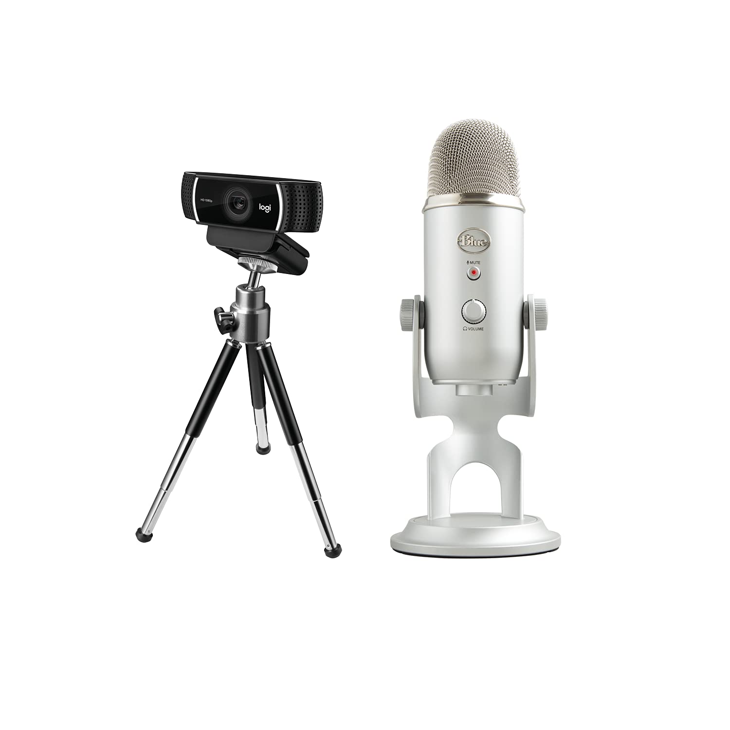 Logitech C922 Pro Stream Webcam, Full HD 1080p Streaming with Tripod and Free 3-month XSplit License - Black + Blue Microphones Yeti USB Microphone, Silver