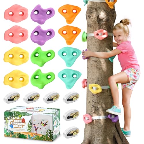 TOPNEW 12 Ninja Tree Climbing Holds for Kids Climber, Tree Climbing Kit with 6 Ratchet Straps for Outdoor Ninja Warrior Obstacle Course Training, Pastel Color