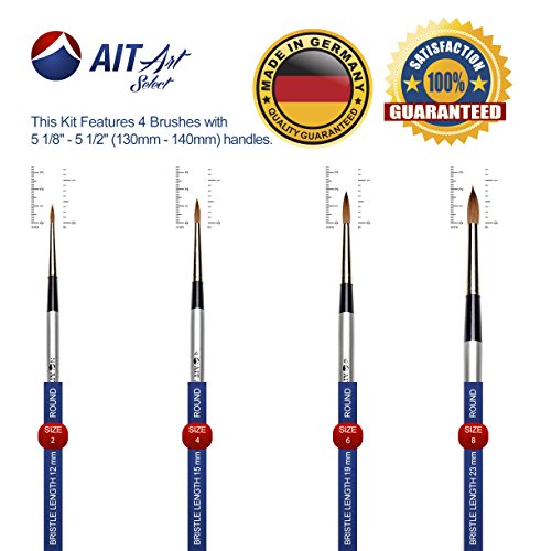 AIT Art Select Paint Brush Set - 4 Pure Russian Red Sable Round Paint Brushes - Handmade in Germany Set for Superior Results with Oil, Acrylic, and Watercolors