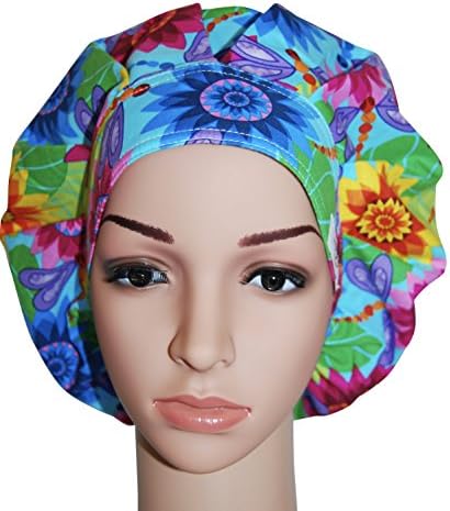 MedCap Bouffant Scrub Hat Cap with Sweatband (Dragonflies and Flowers)