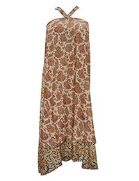 Boho Chic Magic Wrap Skirt Beige Silk Sari Reversible Beach Wear Dress